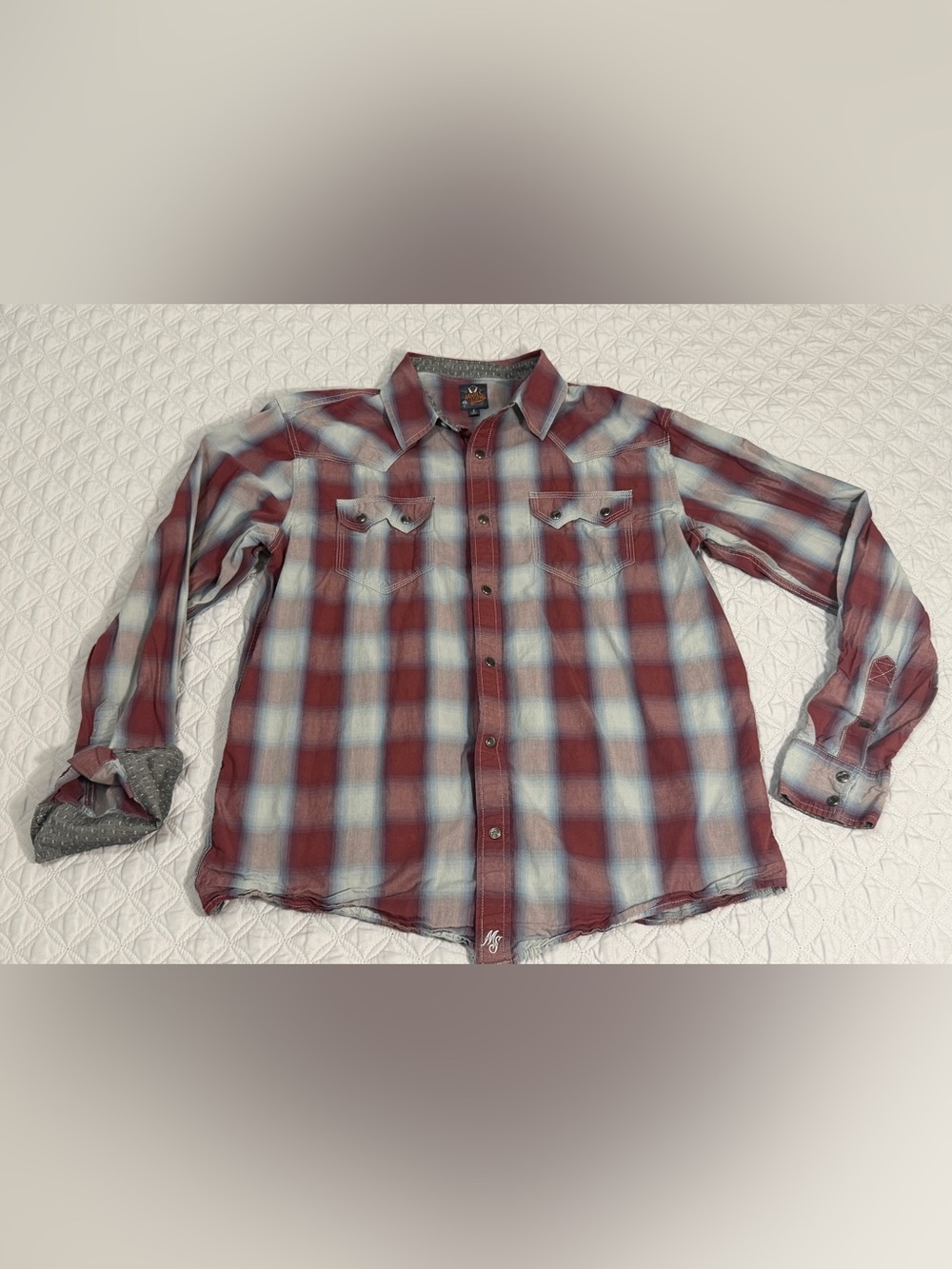 Moon Shine Spirit Short Sleeve Pearl Snap Western Shirt Men's Large Plaid Red